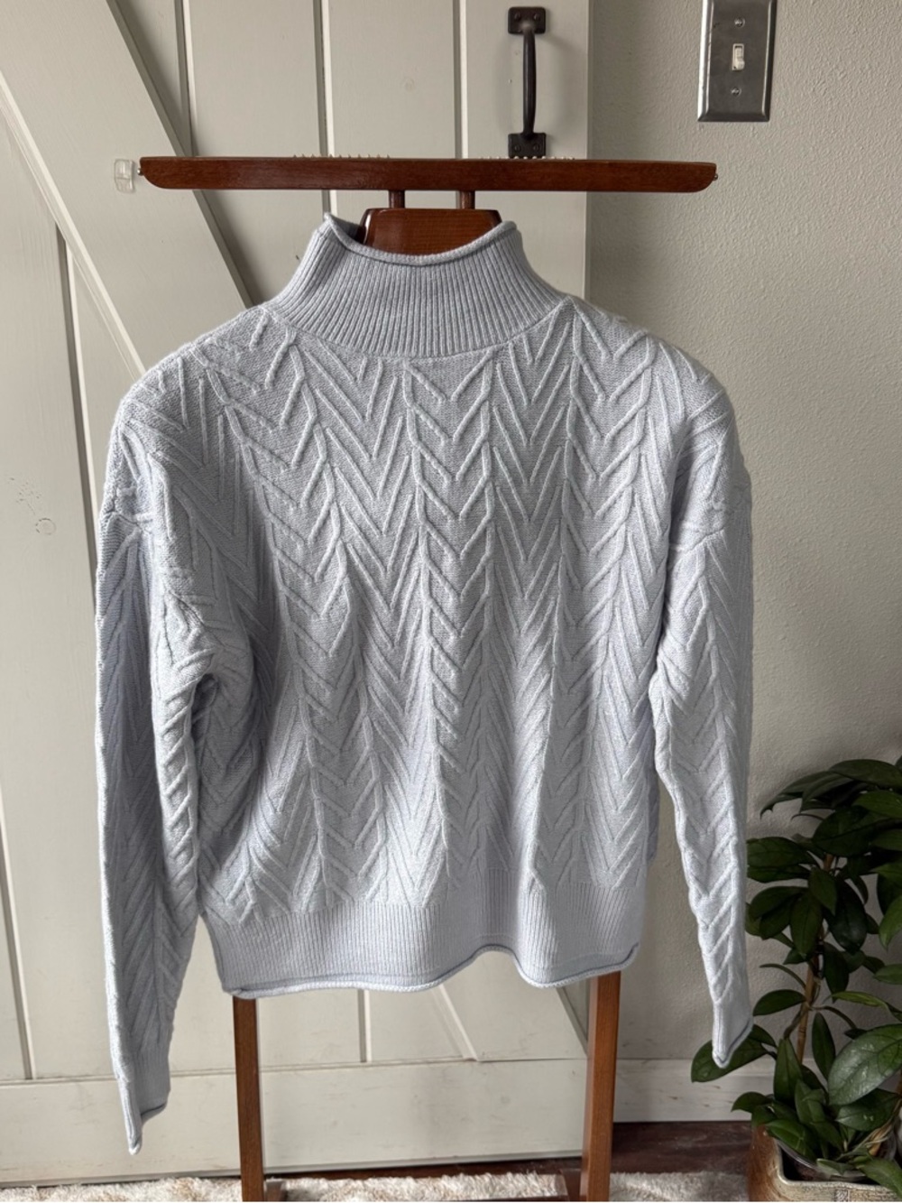 Elie Tahari Pale Gray Cable-Knit Funnel Neck Sweater